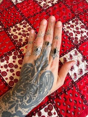 Lot of Three (3) Vintage Silver Onyx Rings Butterfly